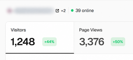 Website snapshot 01 with domain hidden: 1,248 visitors, up 44%; 3,376 page views, up 50%; 39 online at capture.