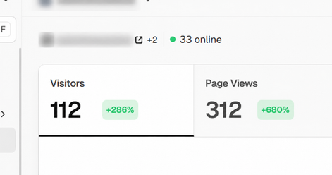 Website snapshot 02, identity hidden: 112 visitors (+286%), 312 page views (+680%), 33 online at capture.